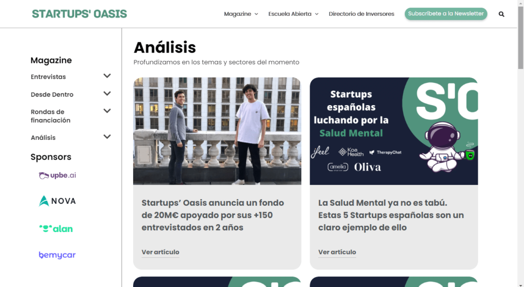 página de categoría startup oasis
